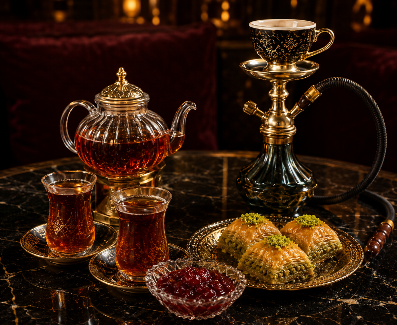 Çay, mürəbbə, paxlava və qəlyan seti